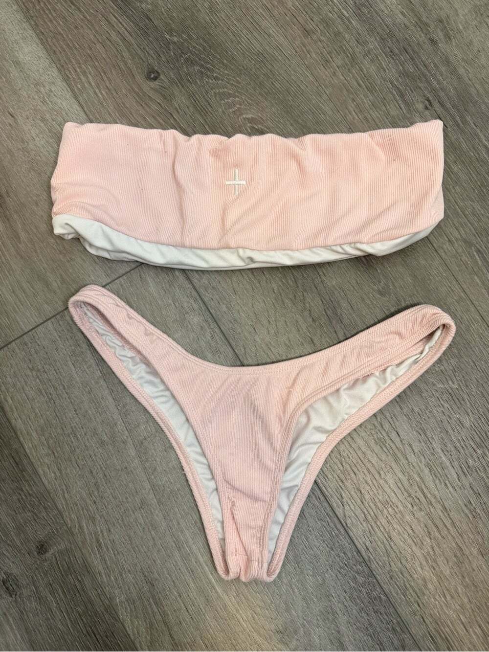 COULBOURNE BIKINI SET pink white large /medium swimwear bandeau strapless cheeky